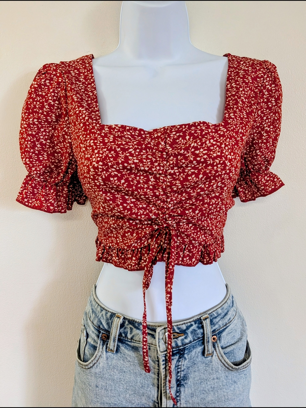 Red Floral Square-Neck Crop Top with Tie